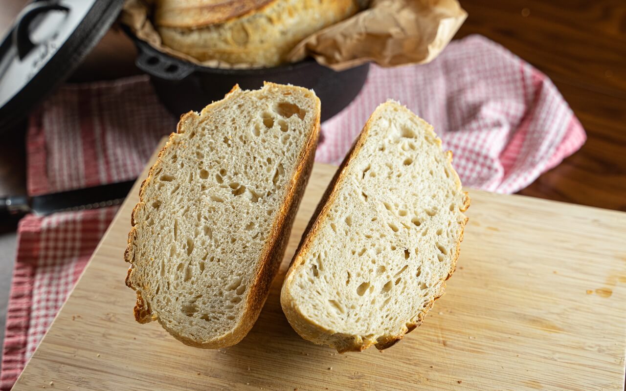 Sourdough Bread With 60 Hydration Baked In Dutch Oven Bread Cut In Half